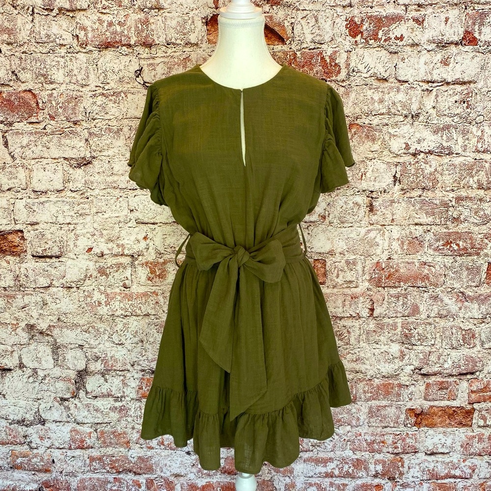 INC Dress- L Mini Olive Green Ruffle Hem Cotton with Waist Tie Boho Cottagecore - Picture 3 of 11